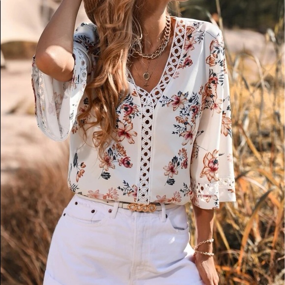 Boho Floral Sheer Mesh Lace Insert Top Blouse Green - Picture 1 of 10